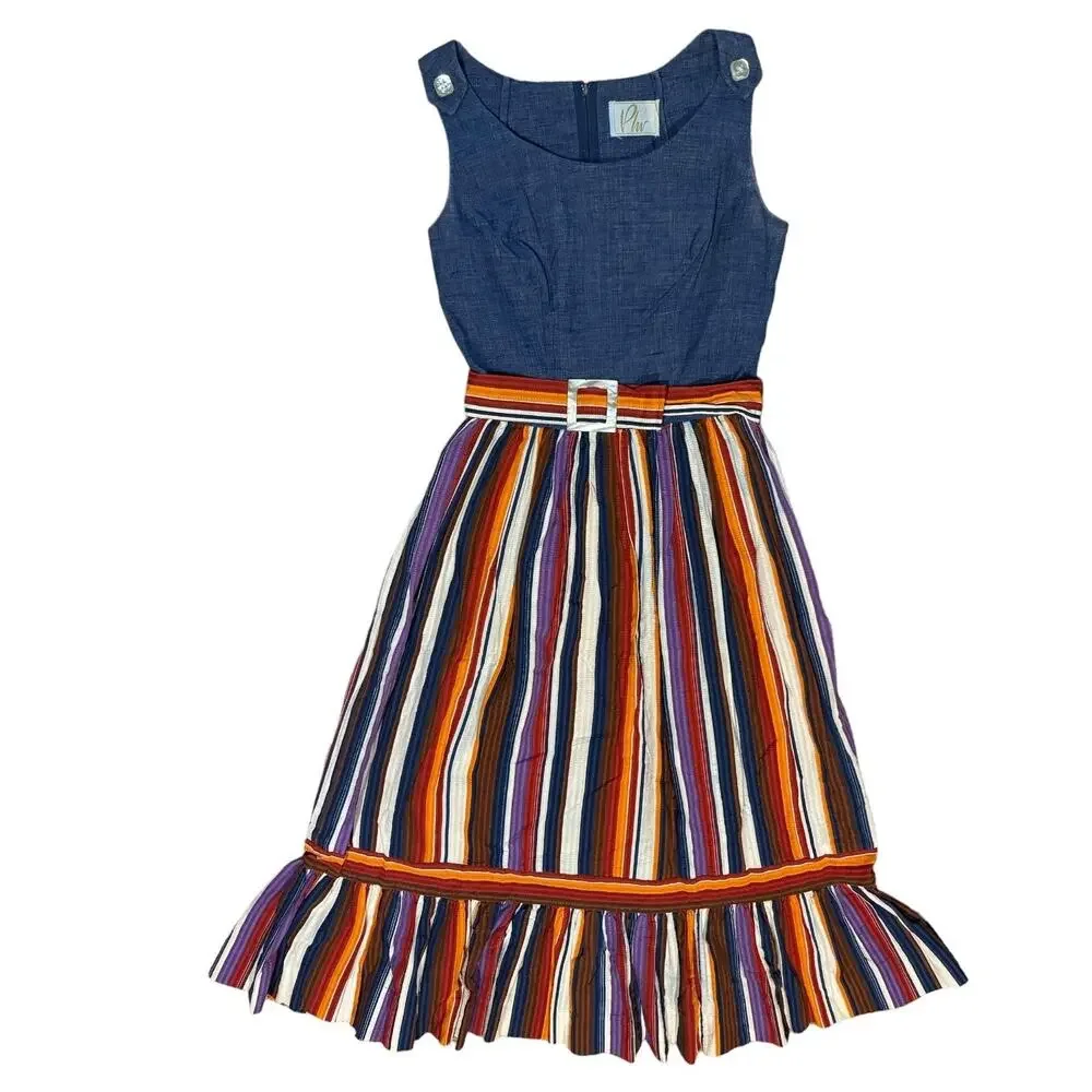 Vintage 1970s PLW Denim & Striped Prairie Midi Dress Boho Belted